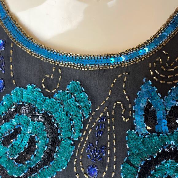 Fantasy by Lisa Kane Vintage XL Silk Beaded Top Black Blue Sequin Floral Beaded - Picture 6 of 16